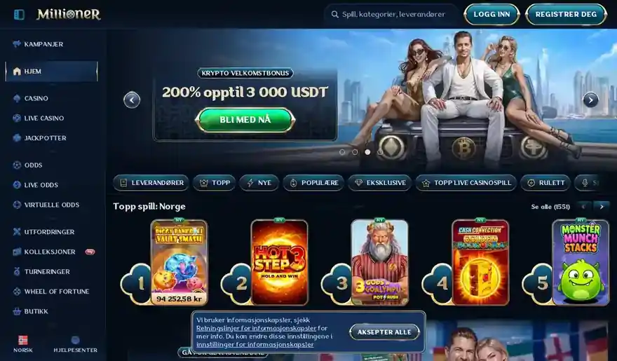 Skjermbilde av forsiden til Millioner Casino