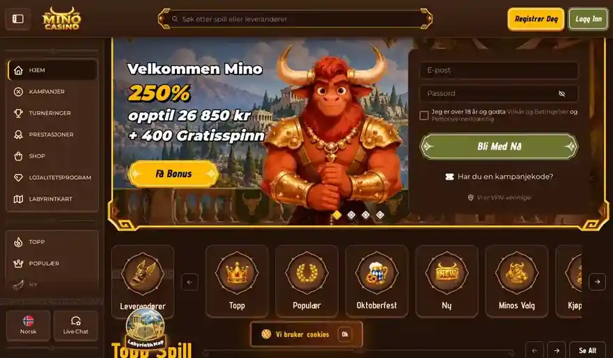 Skjermbilde av forsiden til Mino Casino