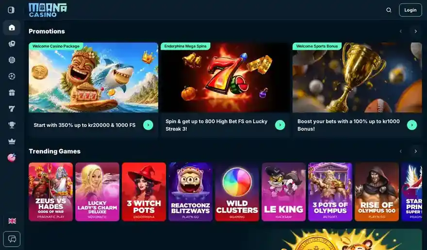 Skjermbilde av Moana Casinos forside med kampanjeoversikt og velkomstpakke i kroner