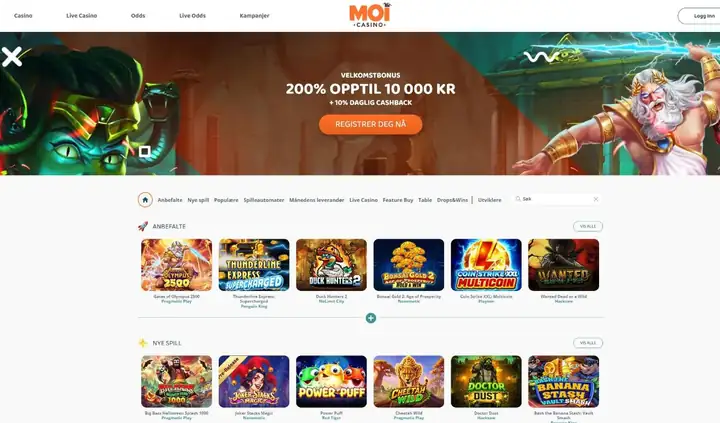 Skjermbilde av forsiden til MoiCasino