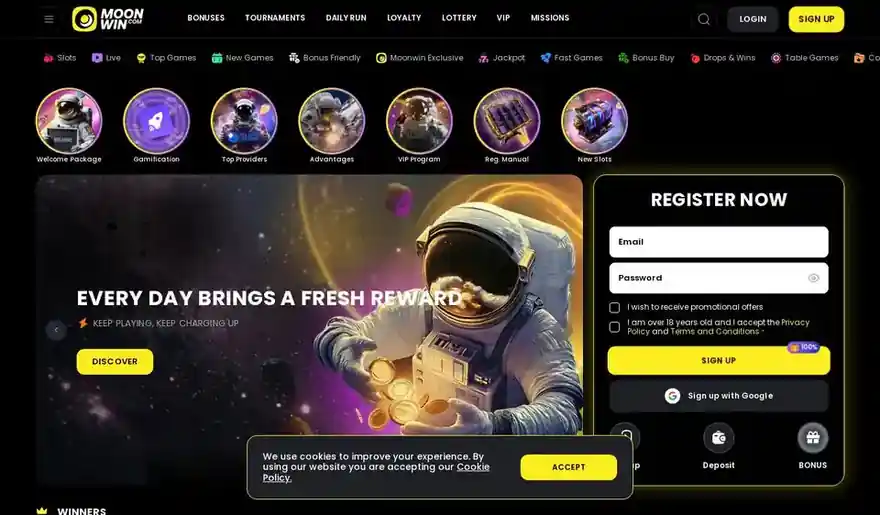Skjermbilde av forsiden til MoonWin Casino