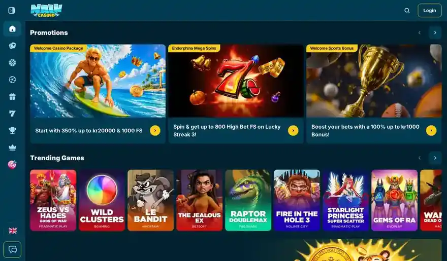 Skjermbilde av forsiden til Nalu Casino