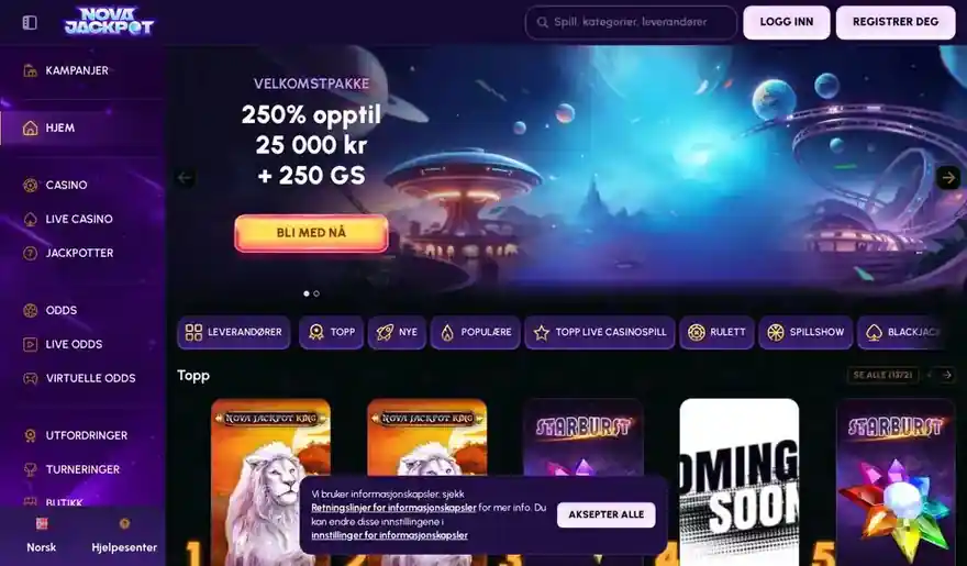 Skjermbilde av forsiden til NovaJackpot