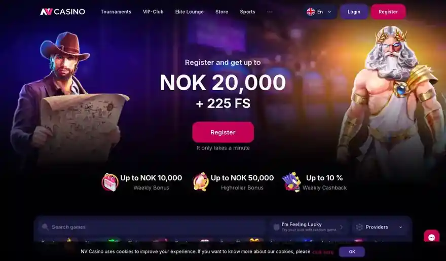 Skjermbilde av forsiden til NV Casino