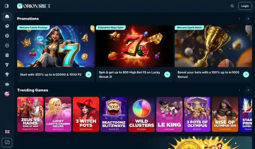 Skjermbilde av forsiden til OrionsBet Casino