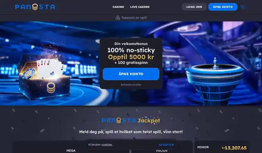 Skjermbilde av Panostas norske forside med velkomstbonus og jackpotteller