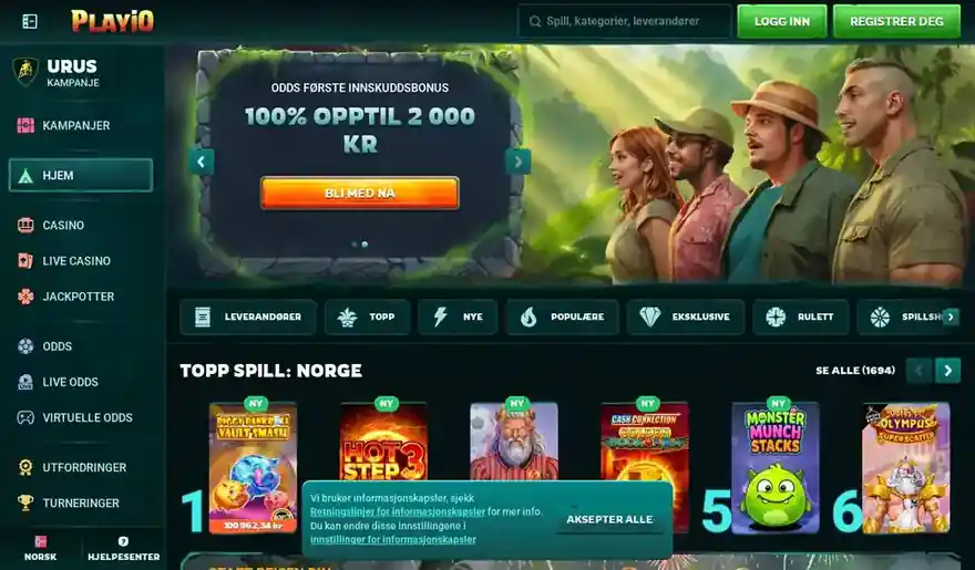 Skjermbilde av forsiden til Playio Casino