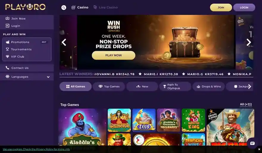 Skjermbilde av forsiden til Playoro Casino