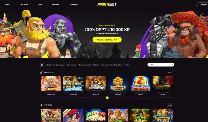 Skjermbilde av forsiden til ProntoBet