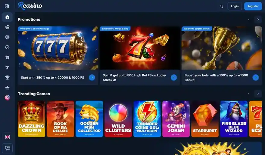 Skjermbilde av forsiden til RCasino