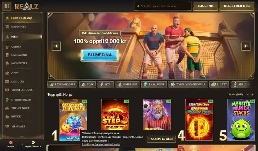 Skjermbilde av forsiden til Realz Casino