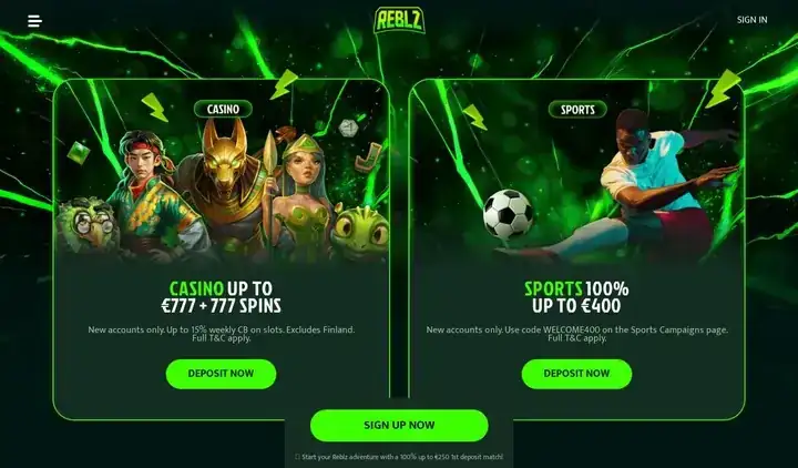 Skjermbilde av forsiden til Reblz Casino