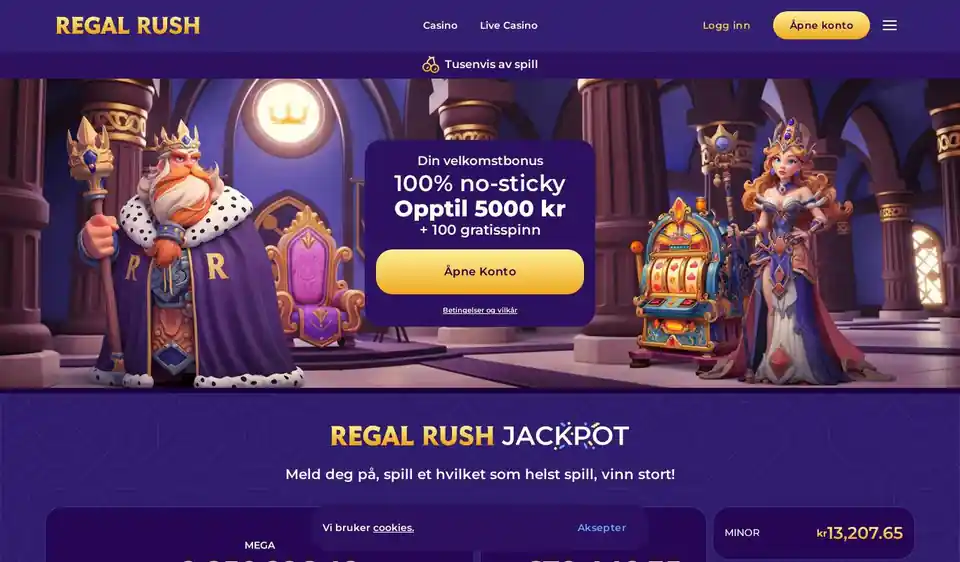 Skjermbilde av Regal Rush sin norske forside med velkomstbonus og jackpotteller