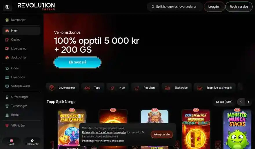 Skjermbilde av forsiden til Revolution Casino