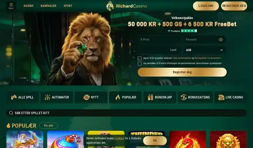 Skjermbilde av forsiden til Richard Casino