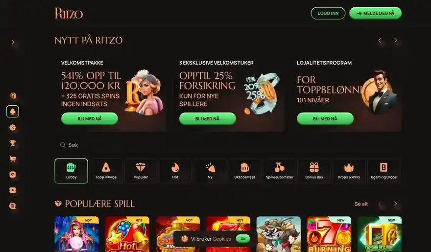 Skjermbilde av forsiden til Ritzo Casino