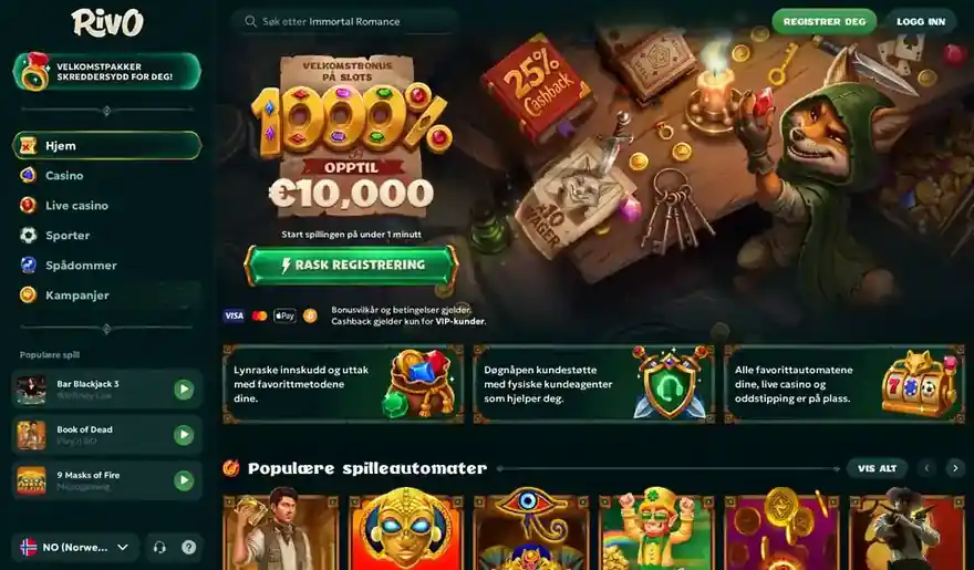 Skjermbilde av forsiden til Rivo Casino