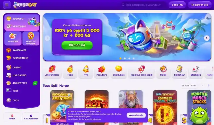Skjermbilde av forsiden til RoboCat Casino
