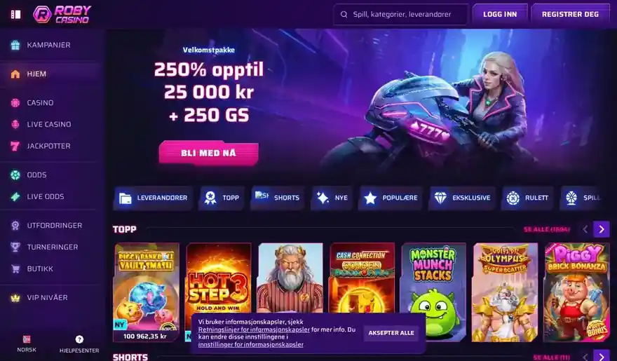 Skjermbilde av forsiden til Roby Casino
