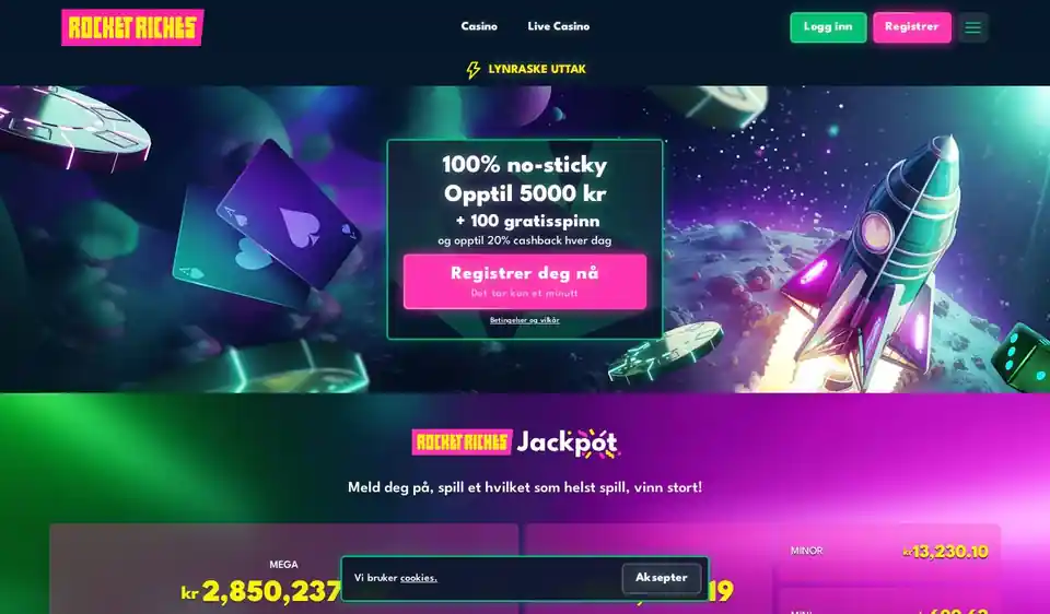 Skjermbilde av forsiden til Rocket Riches med no-sticky bonus opptil 5000 kr, 100 gratisspinn og jackpotnettverk