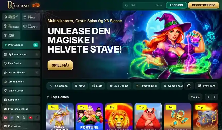 Skjermbilde av forsiden til RX Casino