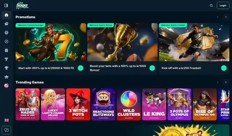 Skjermbilde av forsiden til SagaSpins Casino