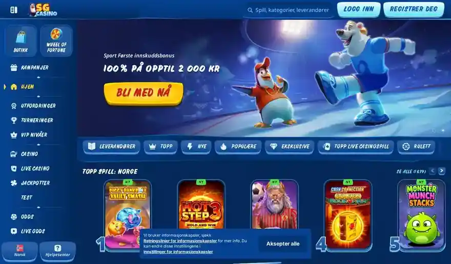 Skjermbilde av forsiden til SG Casino