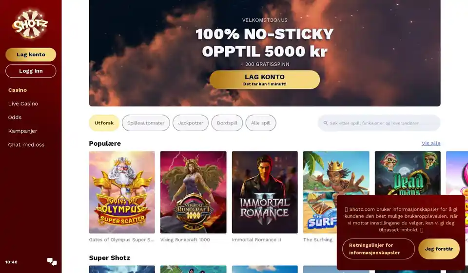 Skjermbilde av forsiden til Shotz Casino