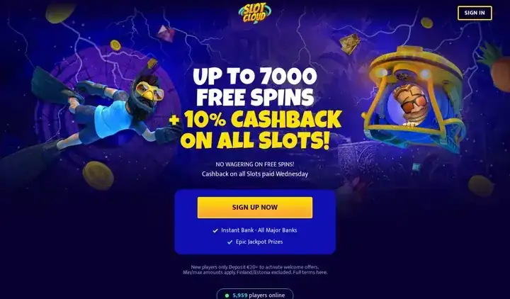 Skjermbilde av forsiden til Slot Cloud Casino