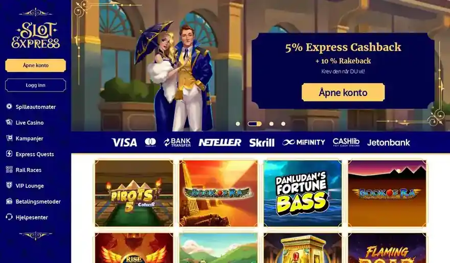 Skjermbilde av forsiden til SlotExpress Casino