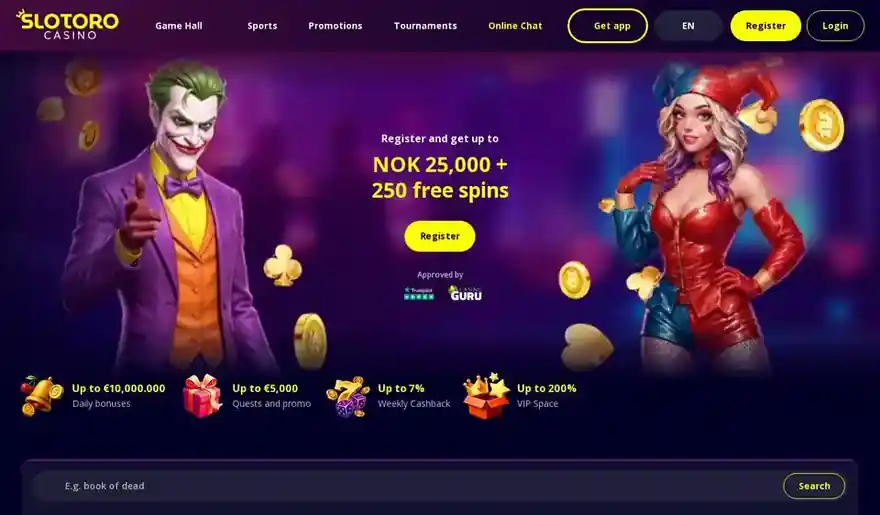 Skjermbilde av forsiden til Slotoro Casino