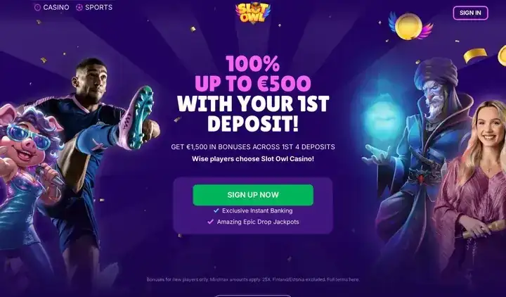 Skjermbilde av forsiden til Slot Owl Casino