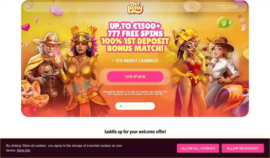 Skjermbilde av forsiden til Slot Pony Casino med velkomsttilbud og lojalitetsnivåer