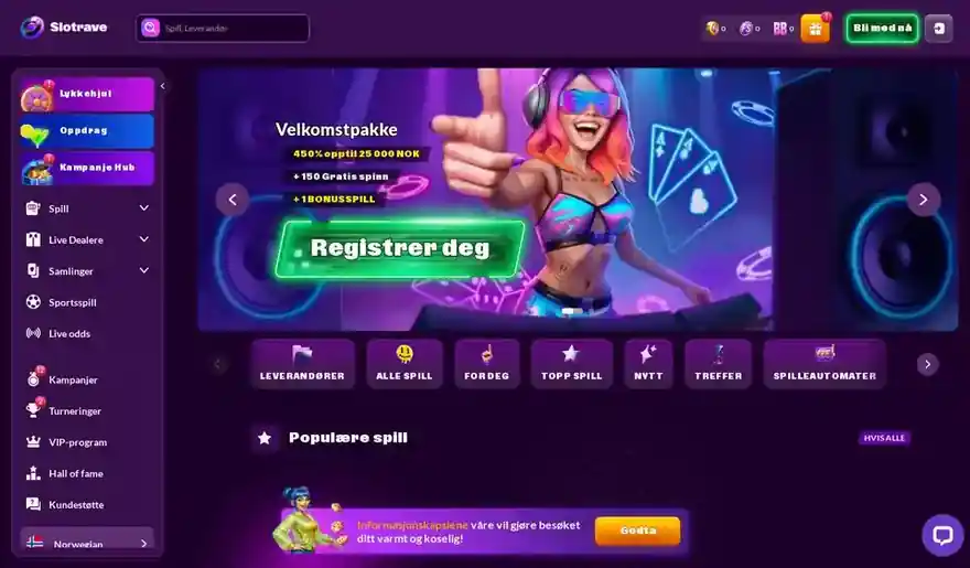 Skjermbilde av forsiden til SlotRave Casino