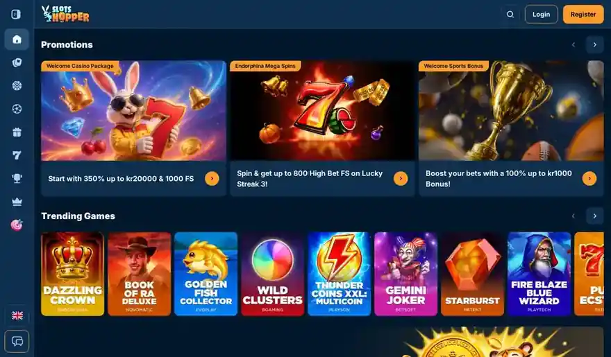 Skjermbilde av forsiden til SlotsHopper Casino