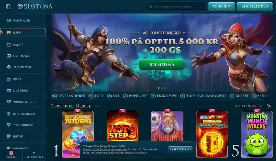 Skjermbilde av forsiden til Slotuna Casino