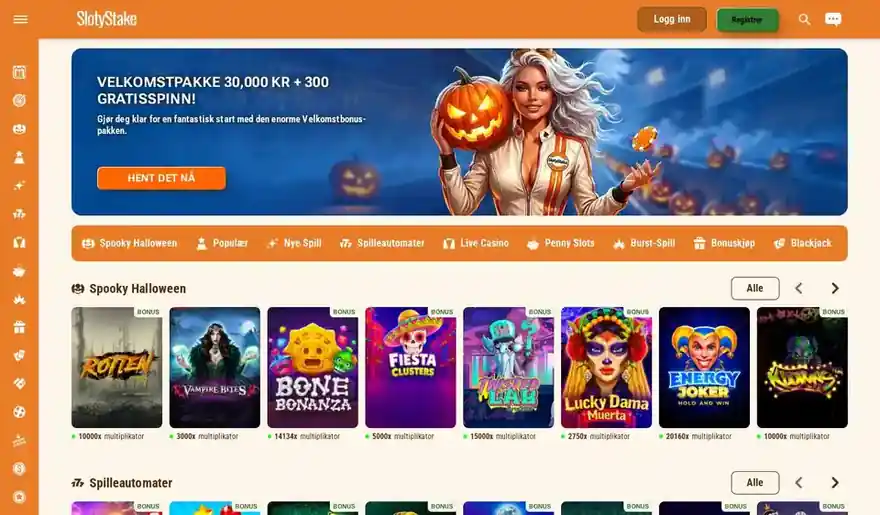 Skjermbilde av forsiden til SlotyStake Casino