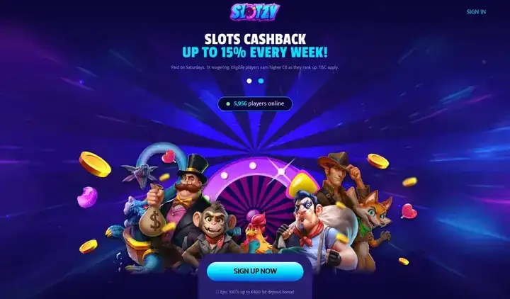 Skjermbilde av forsiden til Slotzy Casino