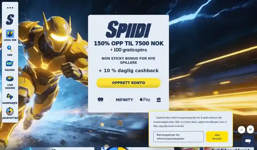 Skjermbilde av forsiden til Spiidi Casino