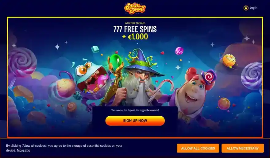 Skjermbilde av forsiden til Spin Sweet Casino med velkomstpakken på 777 free spins og 1 000 €