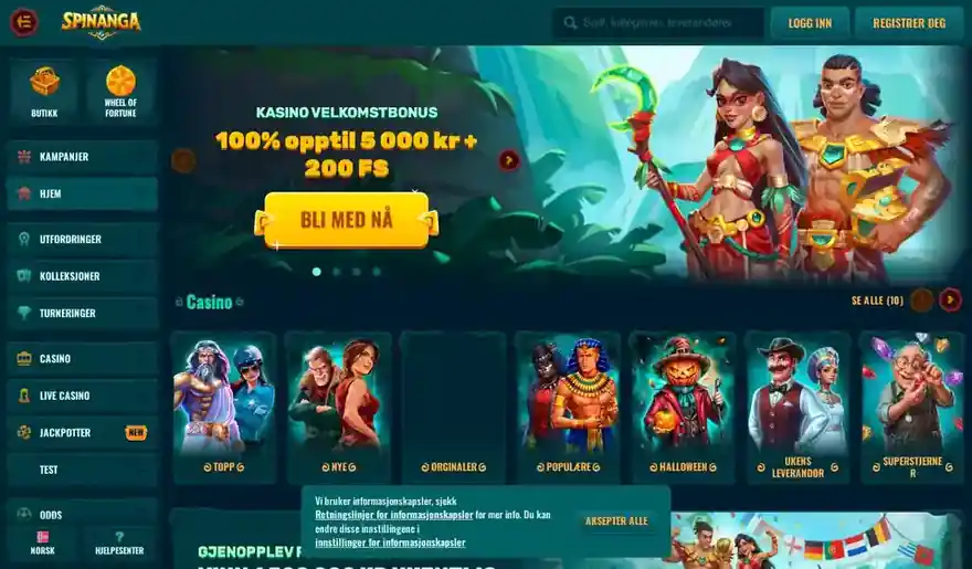 Skjermbilde av forsiden til Spinanga Casino