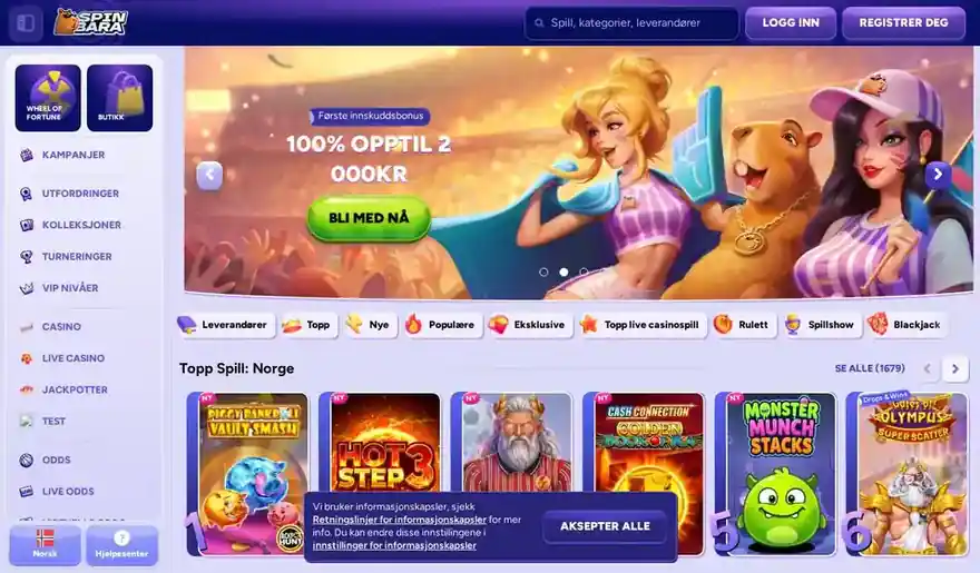 Skjermbilde av forsiden til Spinbara Casino
