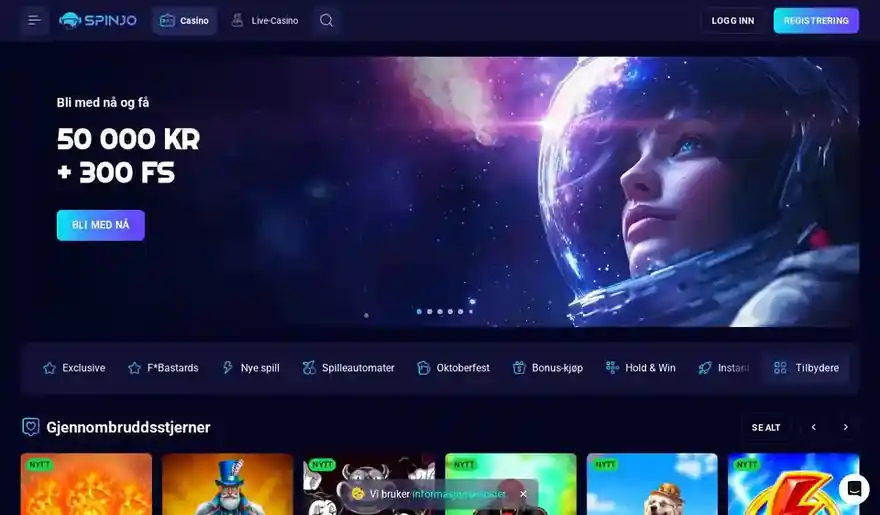 Skjermbilde av forsiden til Spinjo Casino