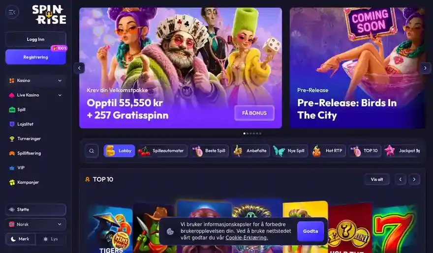 Skjermbilde av forsiden til Spinrise Casino