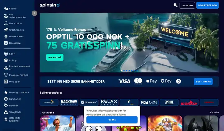 Skjermbilde av forsiden til Spinsino