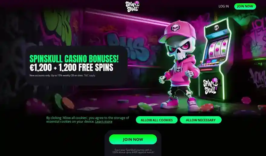 Skjermbilde av forsiden til SpinSkull Casino