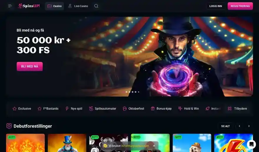 Skjermbilde av forsiden til SpinsUp Casino