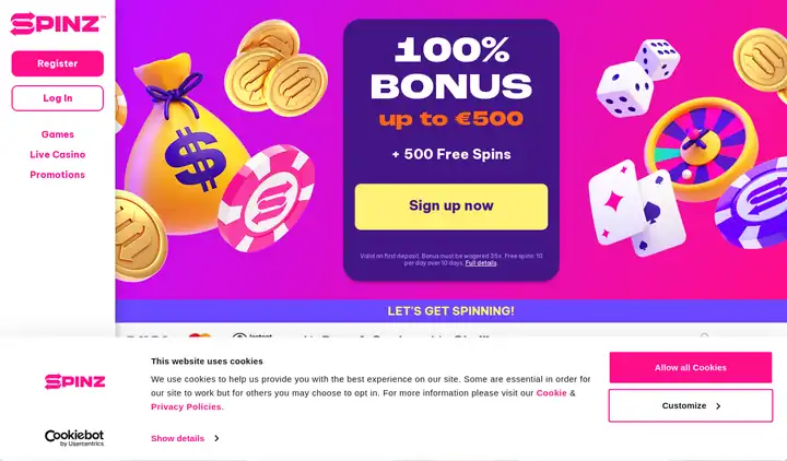 Skjermbilde av forsiden til Spinz Casino