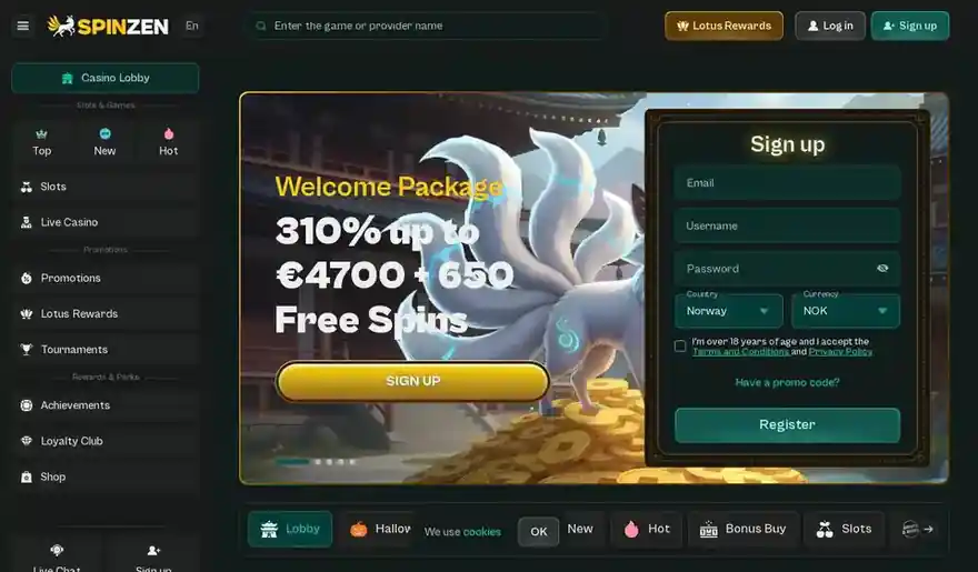 Skjermbilde av forsiden til Spinzen Casino