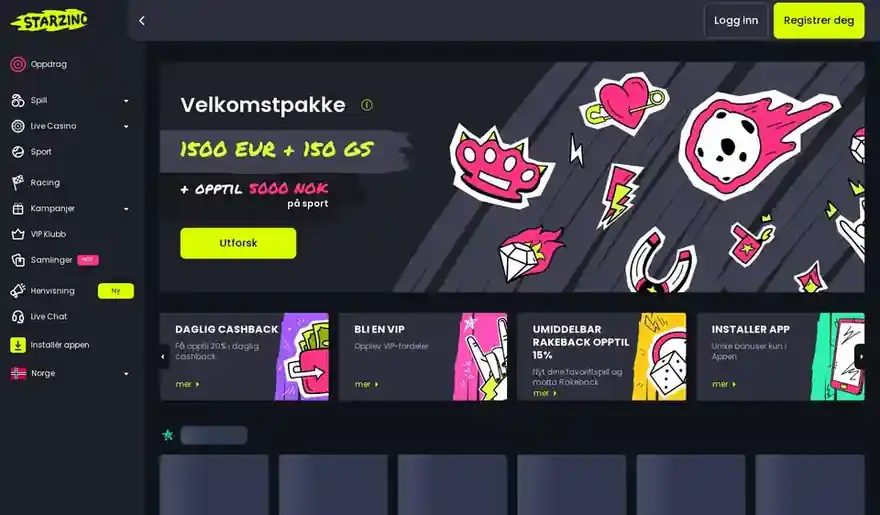 Skjermbilde av forsiden til Starzino Casino